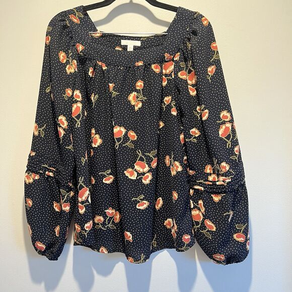 Lauren Conrad Long Sleeve SquareNeck Blouse, Navy W Yellow Dots+Coral Florals, M - Picture 1 of 15